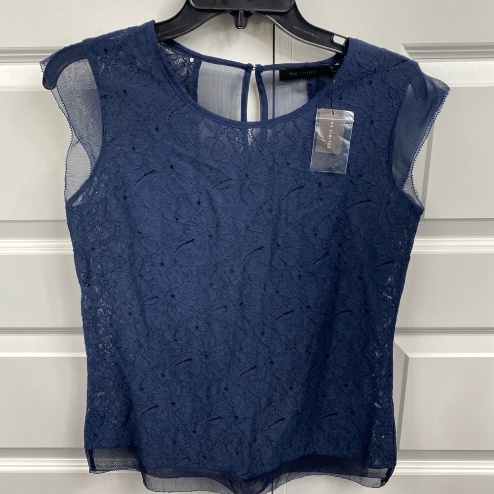 Crochet Lace Top Sleeveless Denim Blue Sheer Romantic Career Feminine Small
